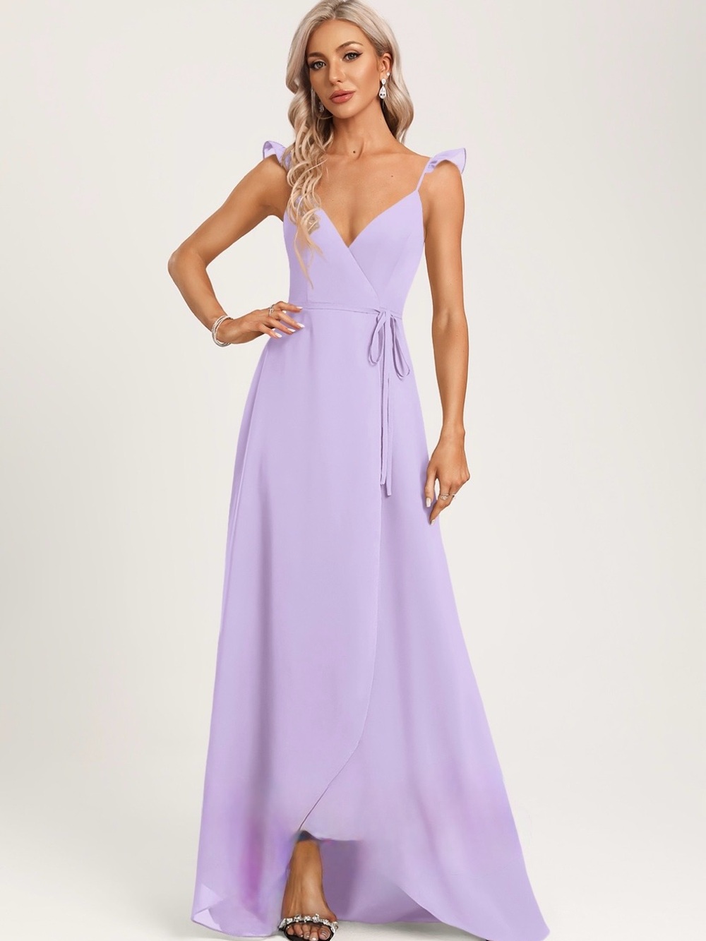 JJs House Lilac Wrap Maxi Dress with Shoulder ruffles